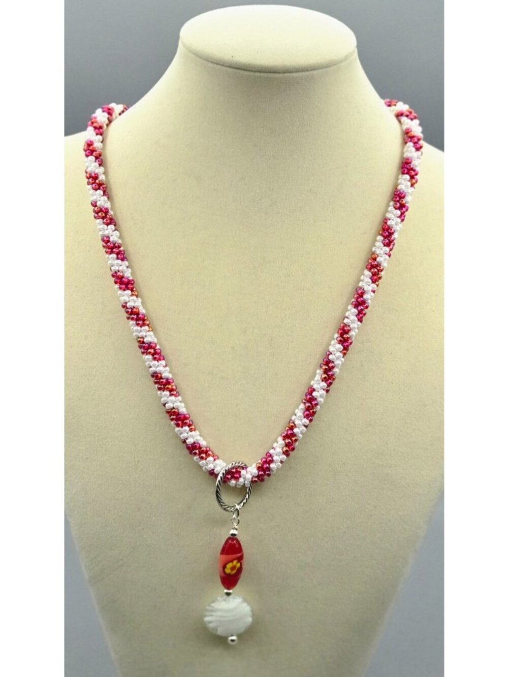 NEW Handmade Beaded Kumihimo Red &White Spiral Necklace 20.5" with Pendant